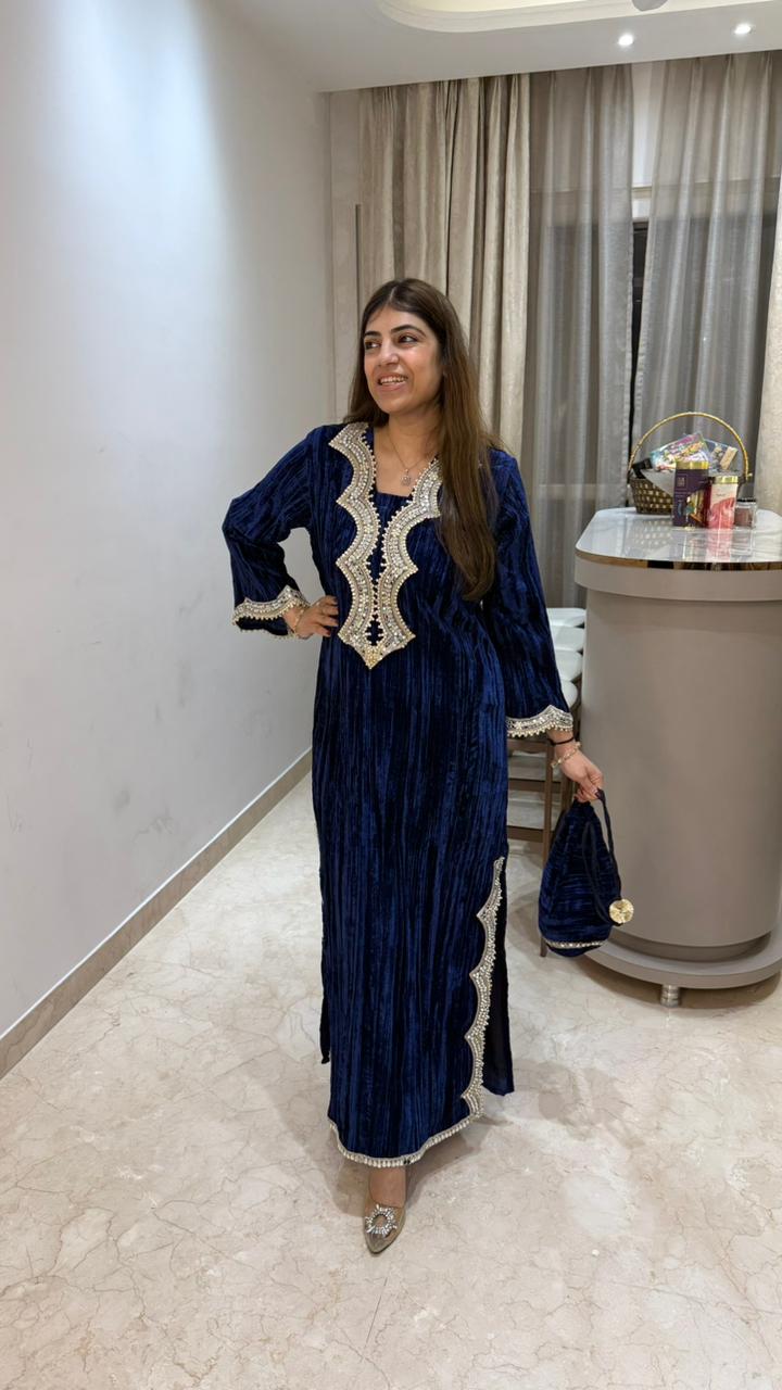 Crushed velvet slit dress with mirror lace detailing with potli