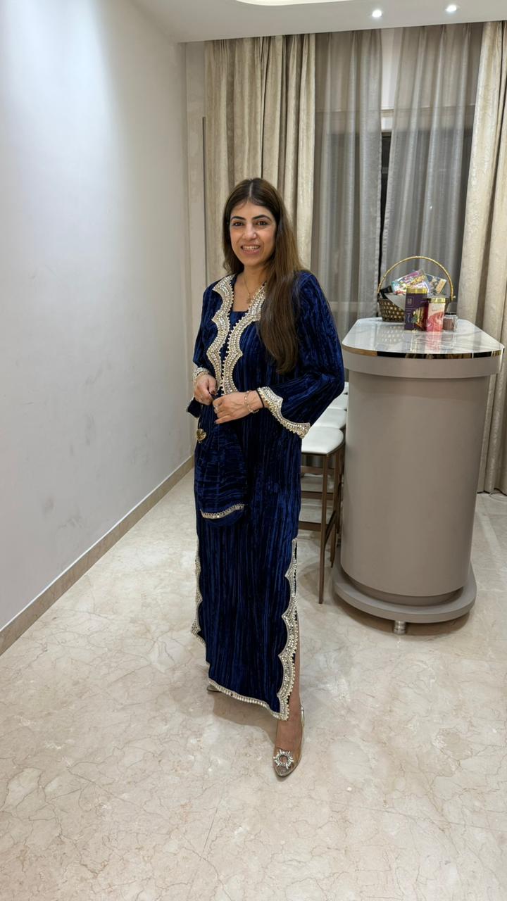 Crushed velvet slit dress with mirror lace detailing with potli