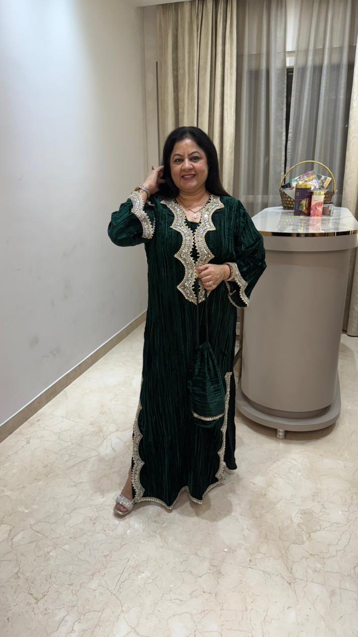 Crushed velvet slit dress with mirror lace detailing with potli