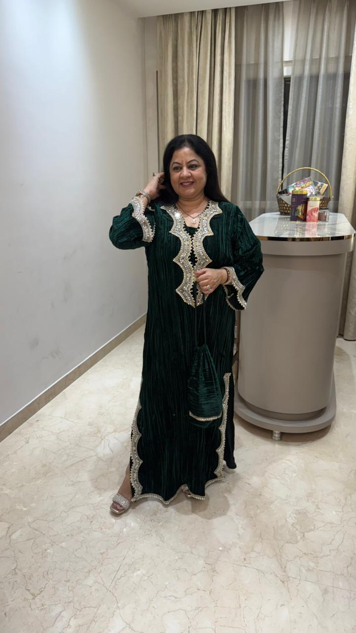 Crushed velvet slit dress with mirror lace detailing with potli