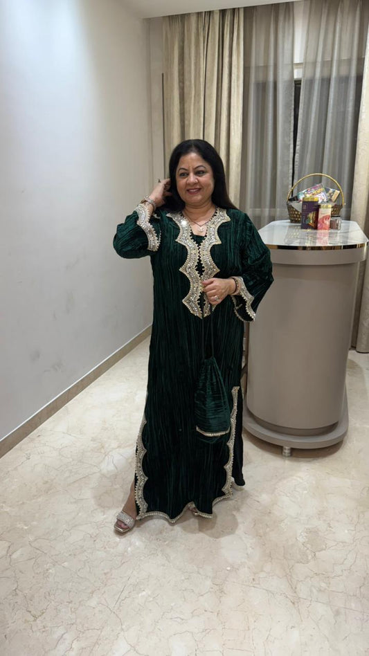 Crushed velvet slit dress with mirror lace detailing with potli