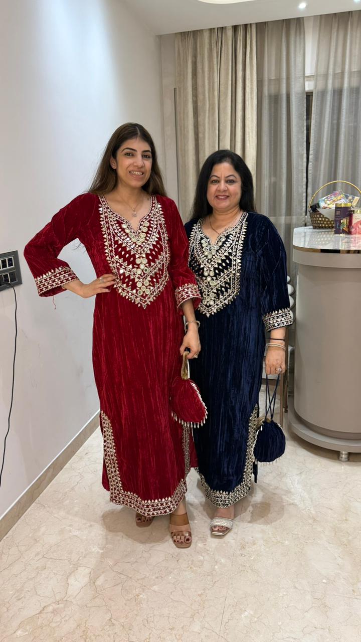 Crushed velvet slit dress with original mirror handwork with handwork potli