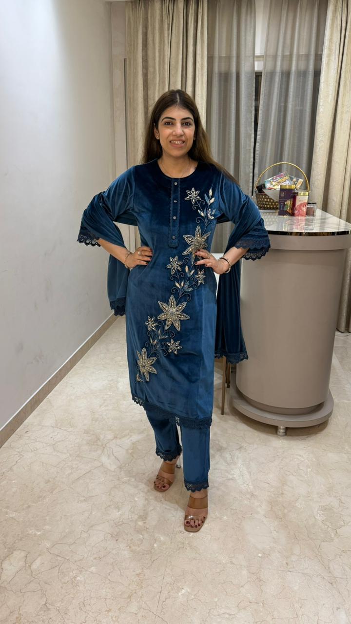 Stretchable premium velvet 3 pc suit with embroidery plus handwork