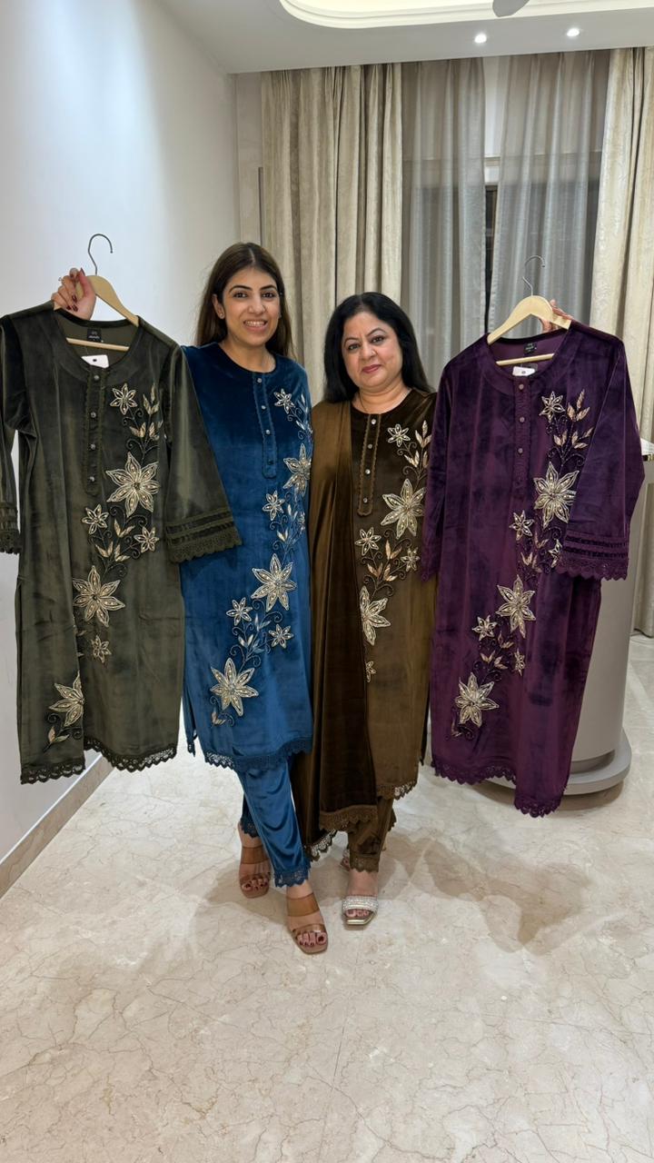 Stretchable premium velvet 3 pc suit with embroidery plus handwork