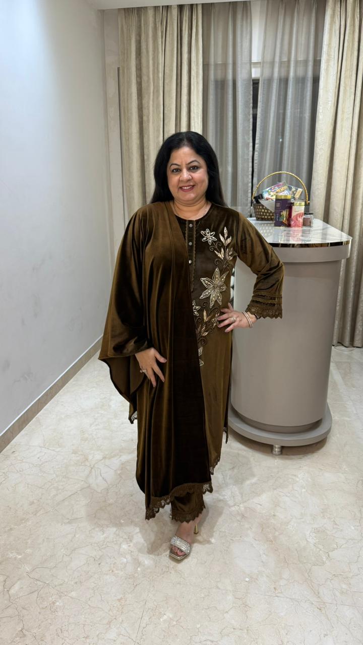 Stretchable premium velvet 3 pc suit with embroidery plus handwork