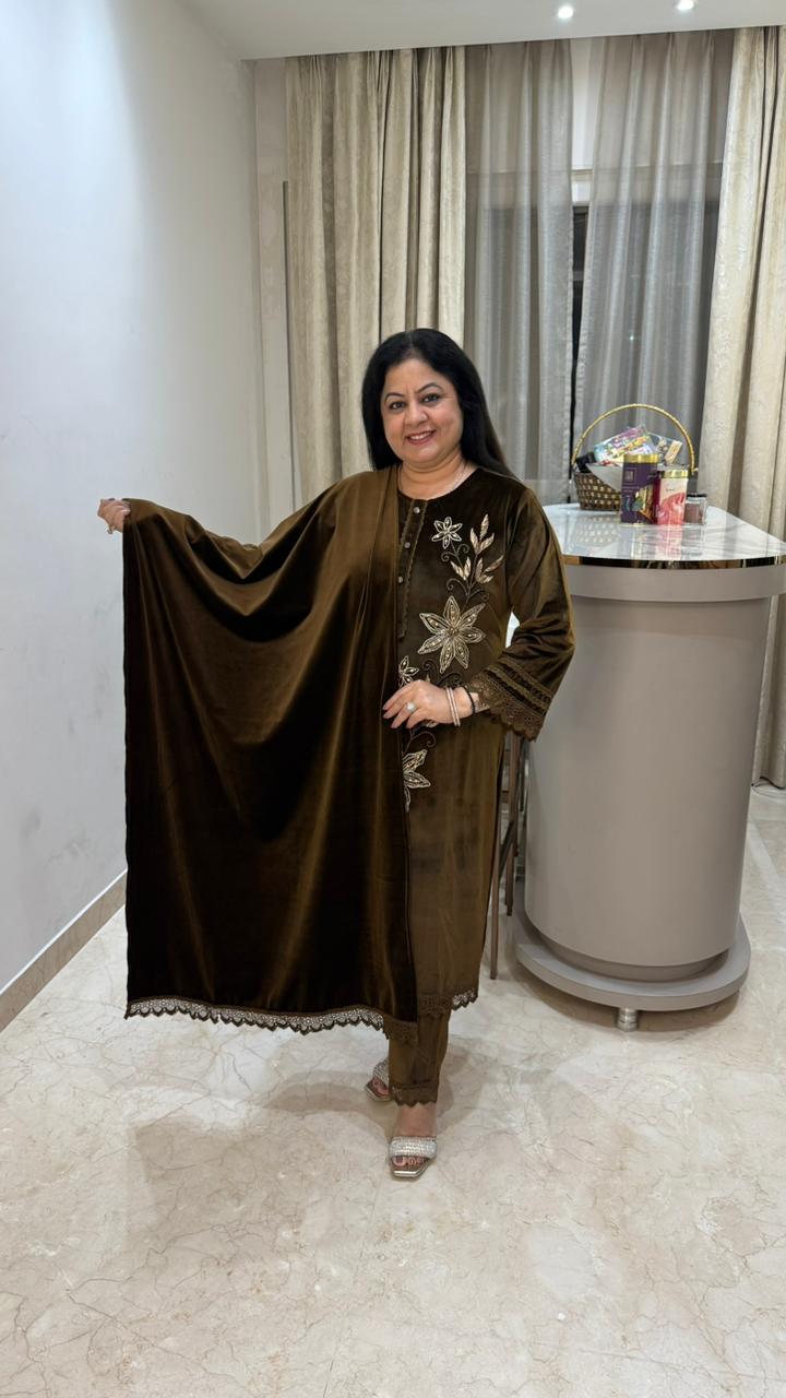 Stretchable premium velvet 3 pc suit with embroidery plus handwork