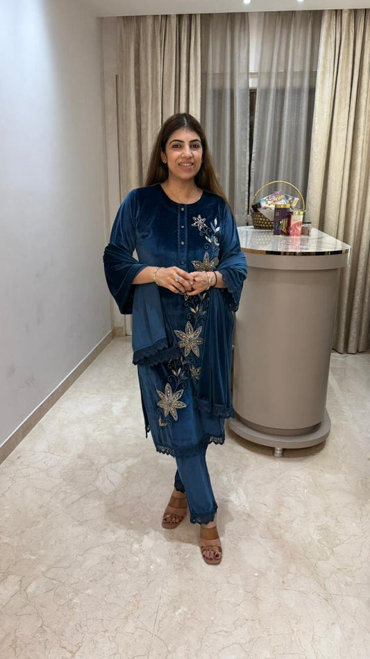 Stretchable premium velvet 3 pc suit with embroidery plus handwork
