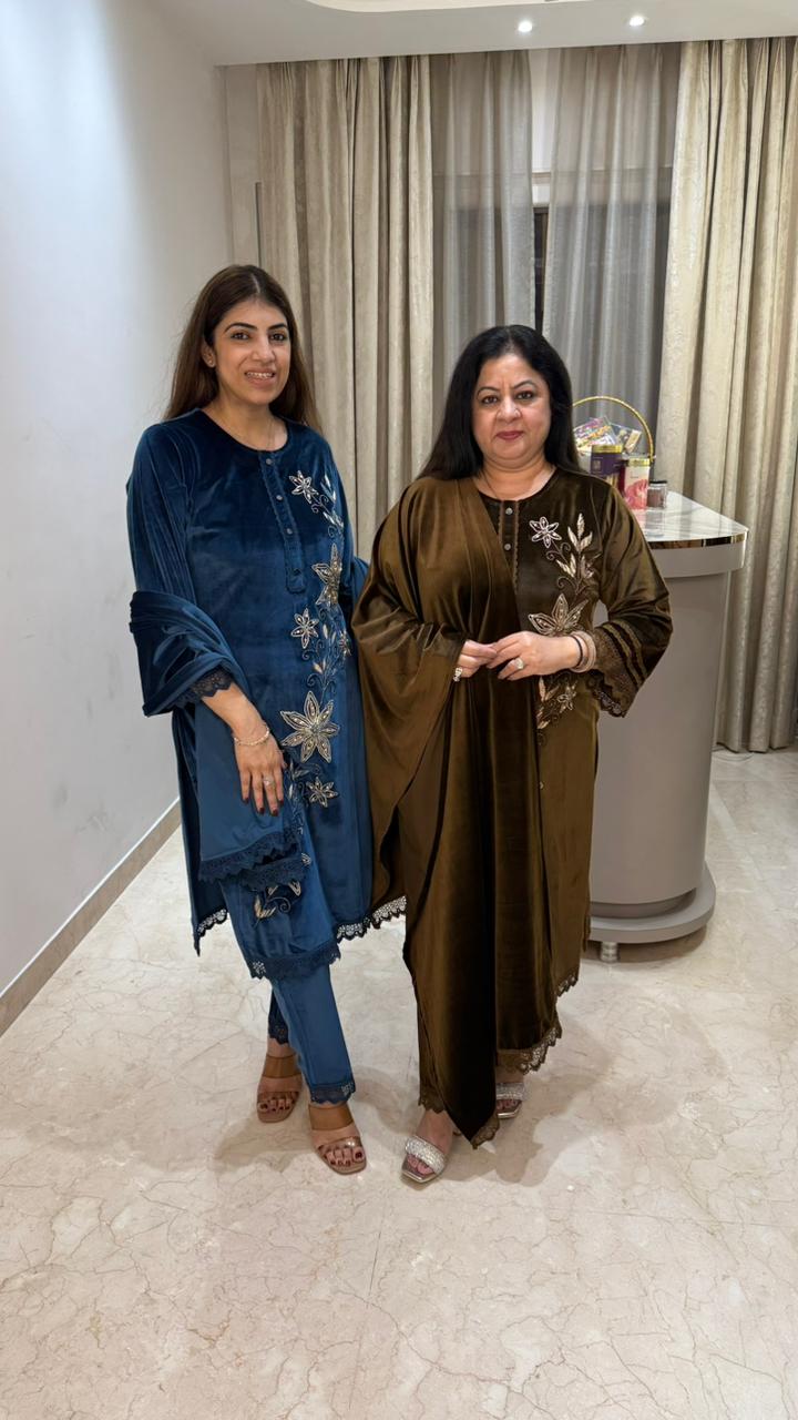 Stretchable premium velvet 3 pc suit with embroidery plus handwork