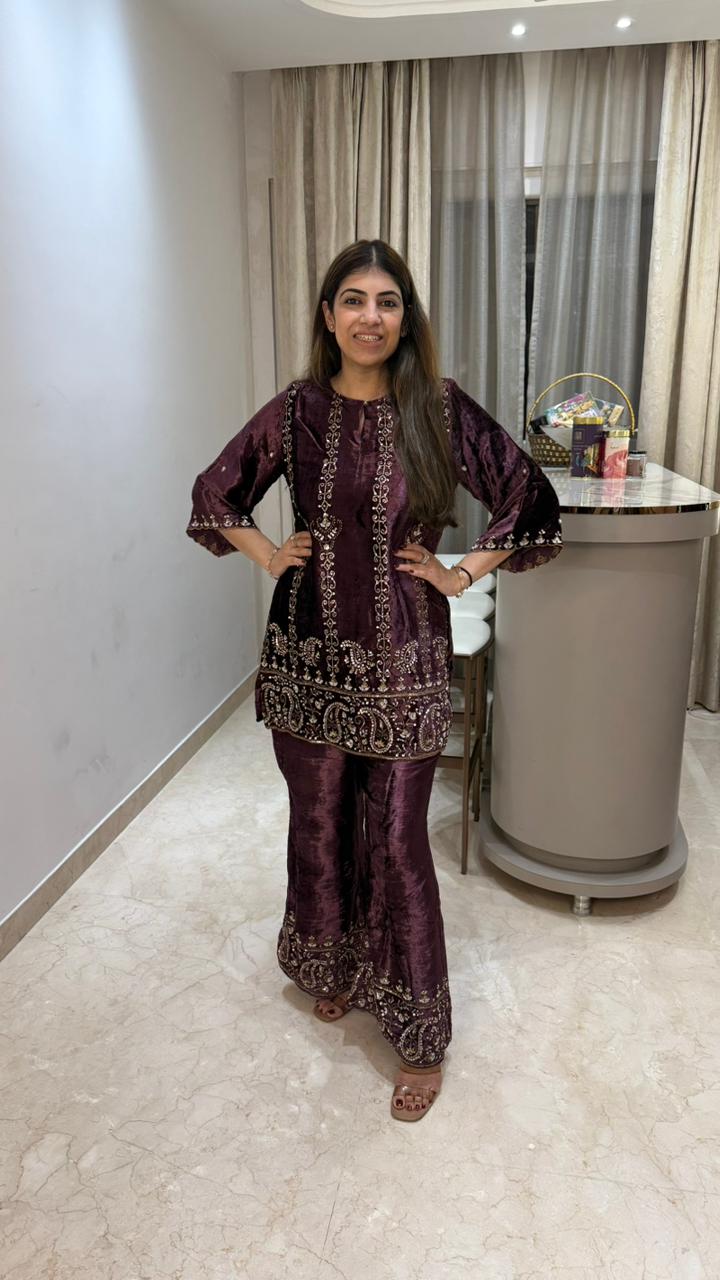 Premium velvet party wear 2 pc set with complete handwork paired with bell bottoms