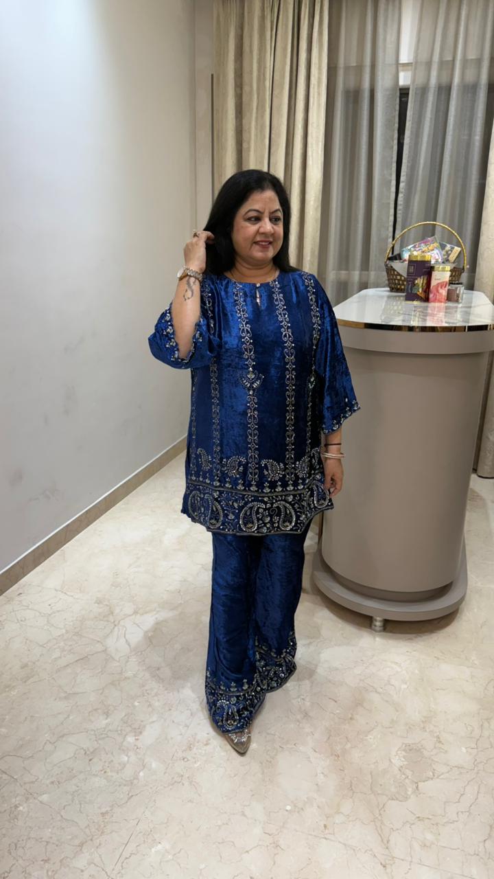 Premium velvet party wear 2 pc set with complete handwork paired with bell bottoms