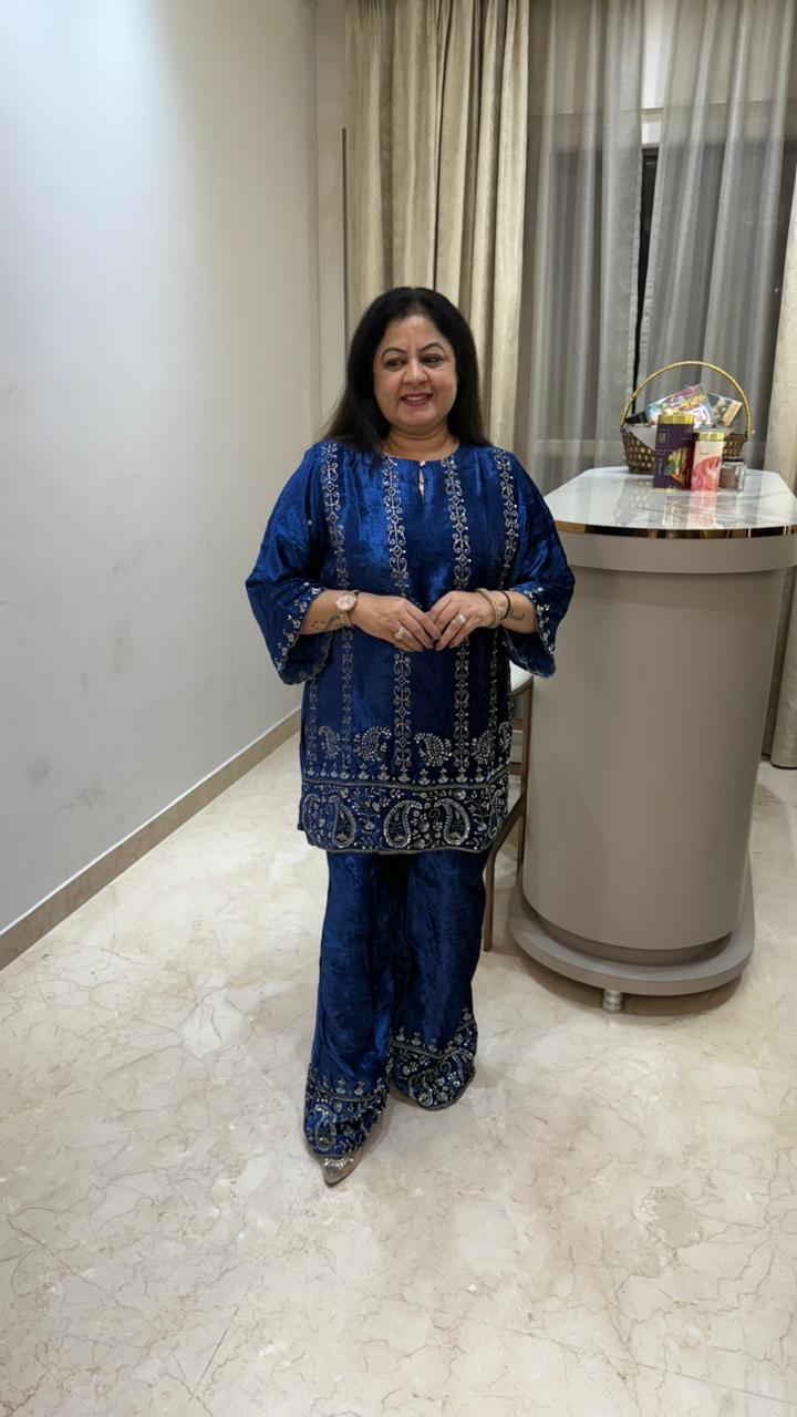 Premium velvet party wear 2 pc set with complete handwork paired with bell bottoms