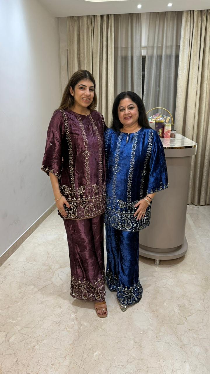 Premium velvet party wear 2 pc set with complete handwork paired with bell bottoms