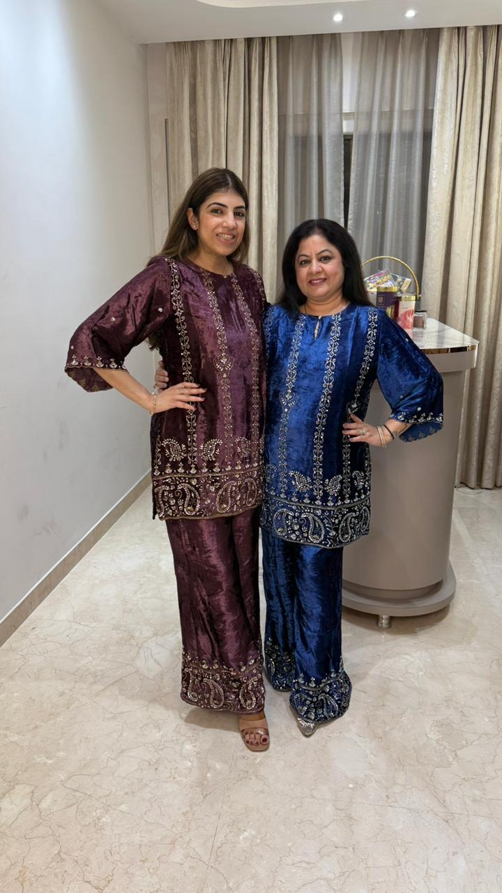 Premium velvet party wear 2 pc set with complete handwork paired with bell bottoms