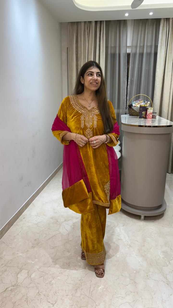 Velvet 3 pc suit with embroidery paired with straight fit pants and contrast tissue dupatta