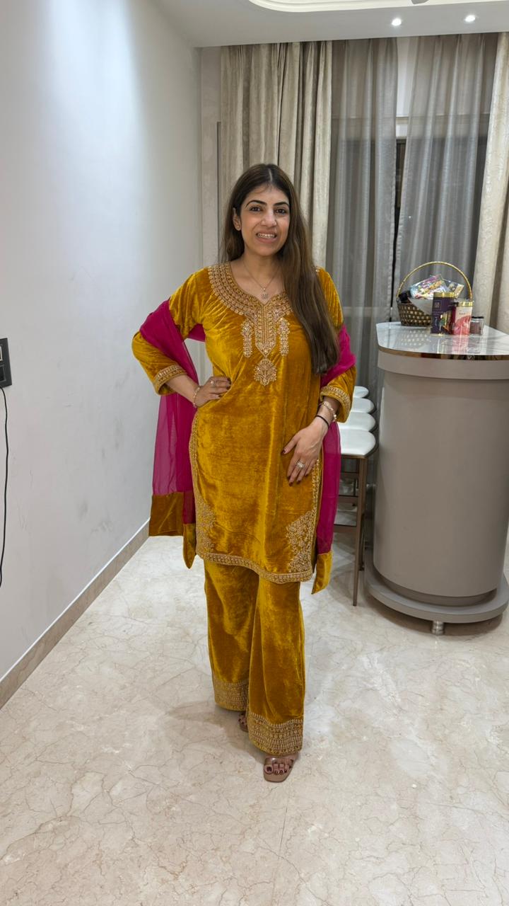 Velvet 3 pc suit with embroidery paired with straight fit pants and contrast tissue dupatta