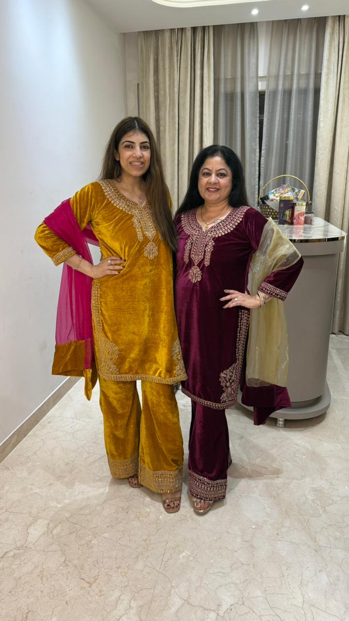 Velvet 3 pc suit with embroidery paired with straight fit pants and contrast tissue dupatta