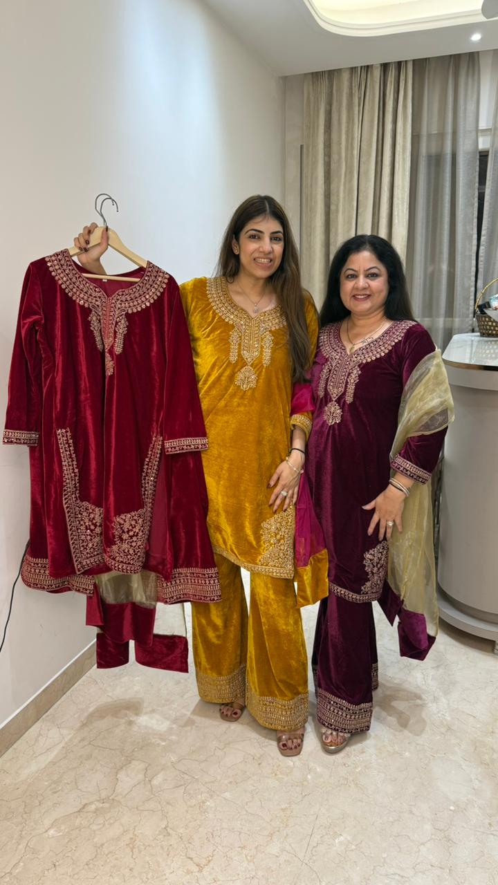 Velvet 3 pc suit with embroidery paired with straight fit pants and contrast tissue dupatta