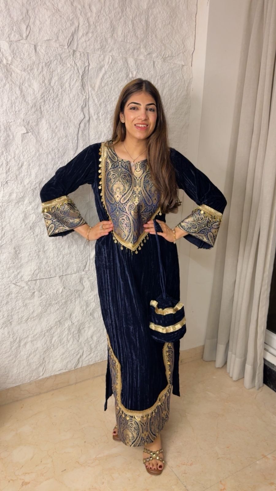 Crush velvet slit dress with banarsi detailing and potli