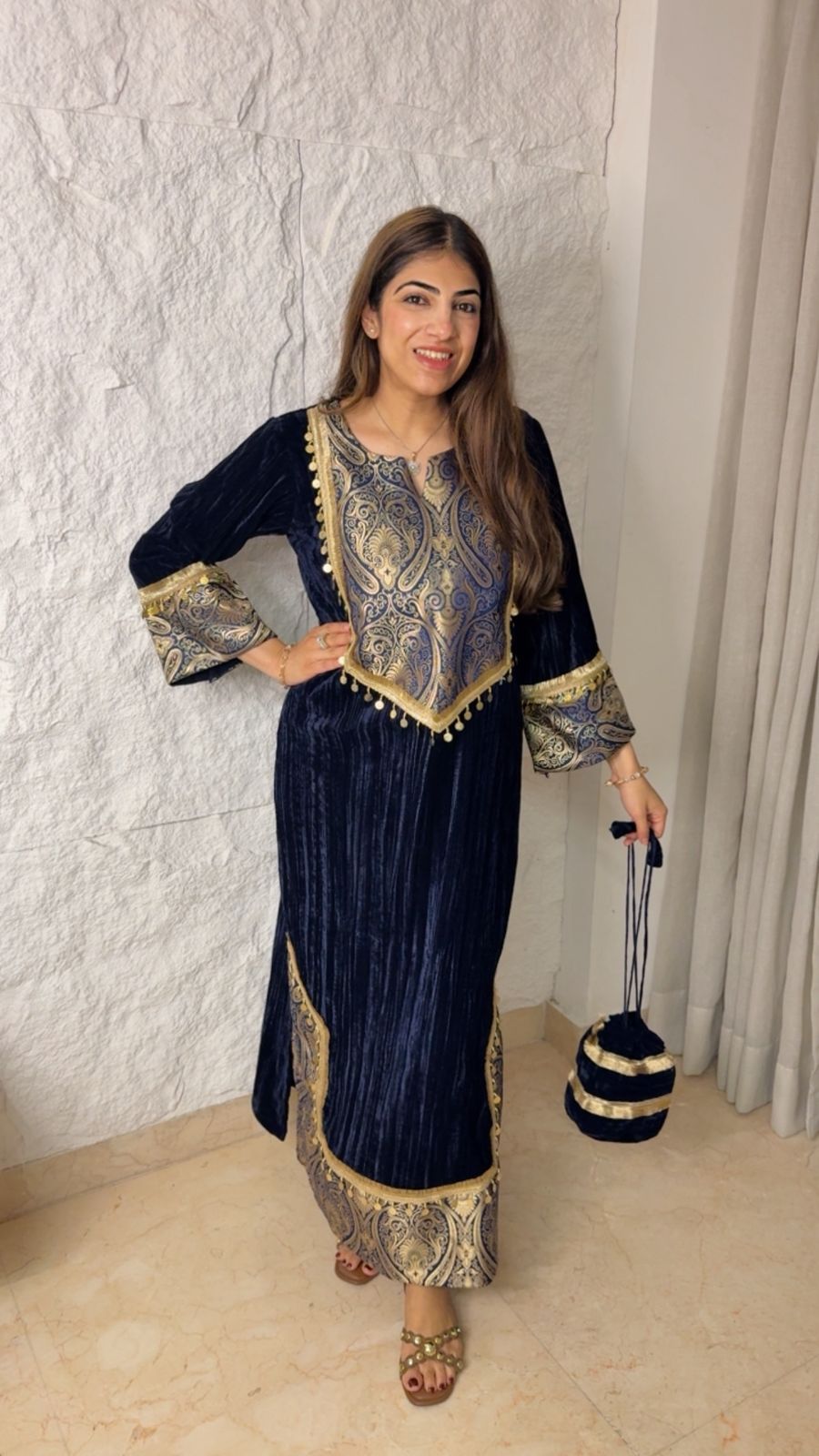 Crush velvet slit dress with banarsi detailing and potli