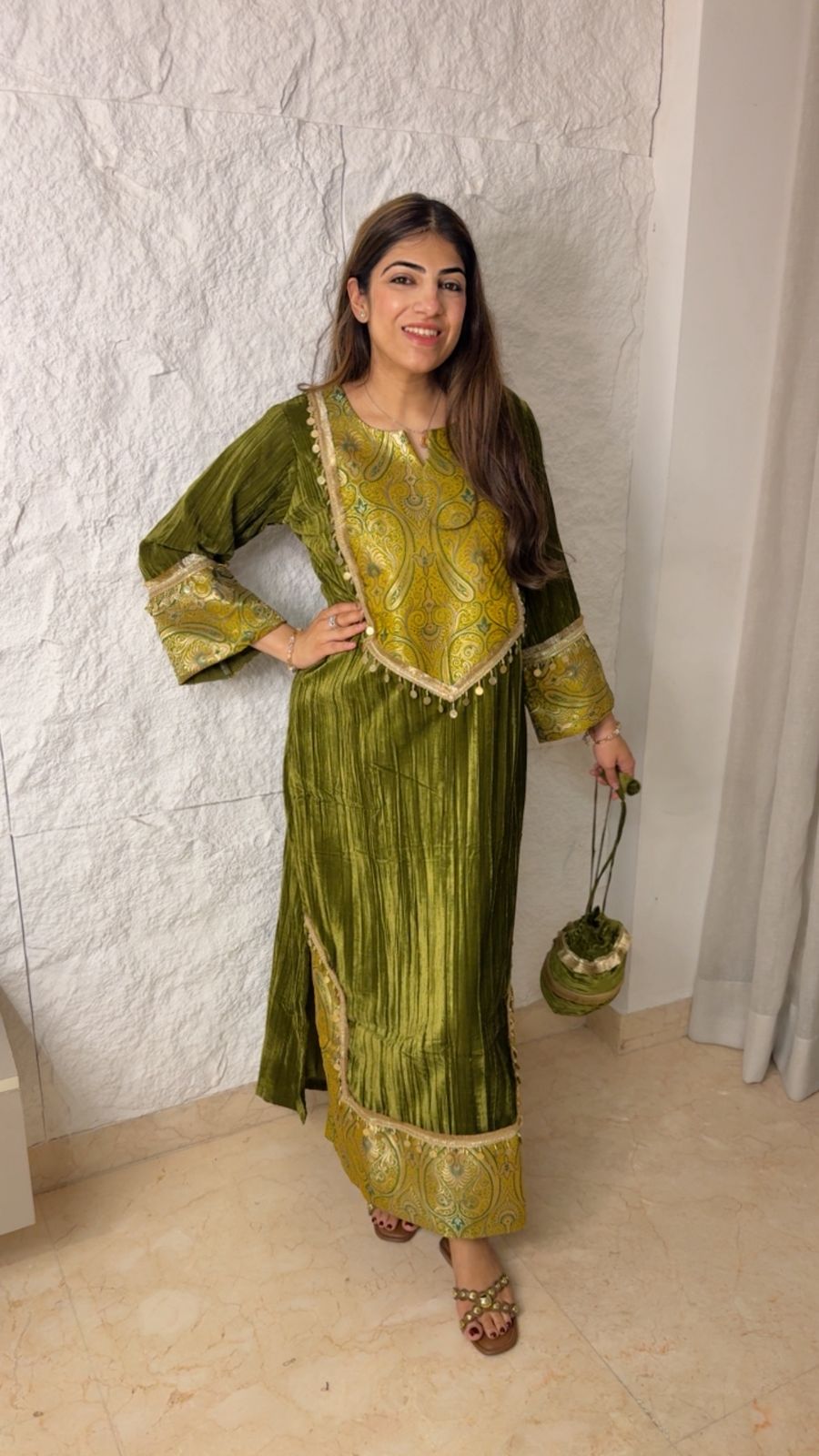 Crush velvet slit dress with banarsi detailing and potli