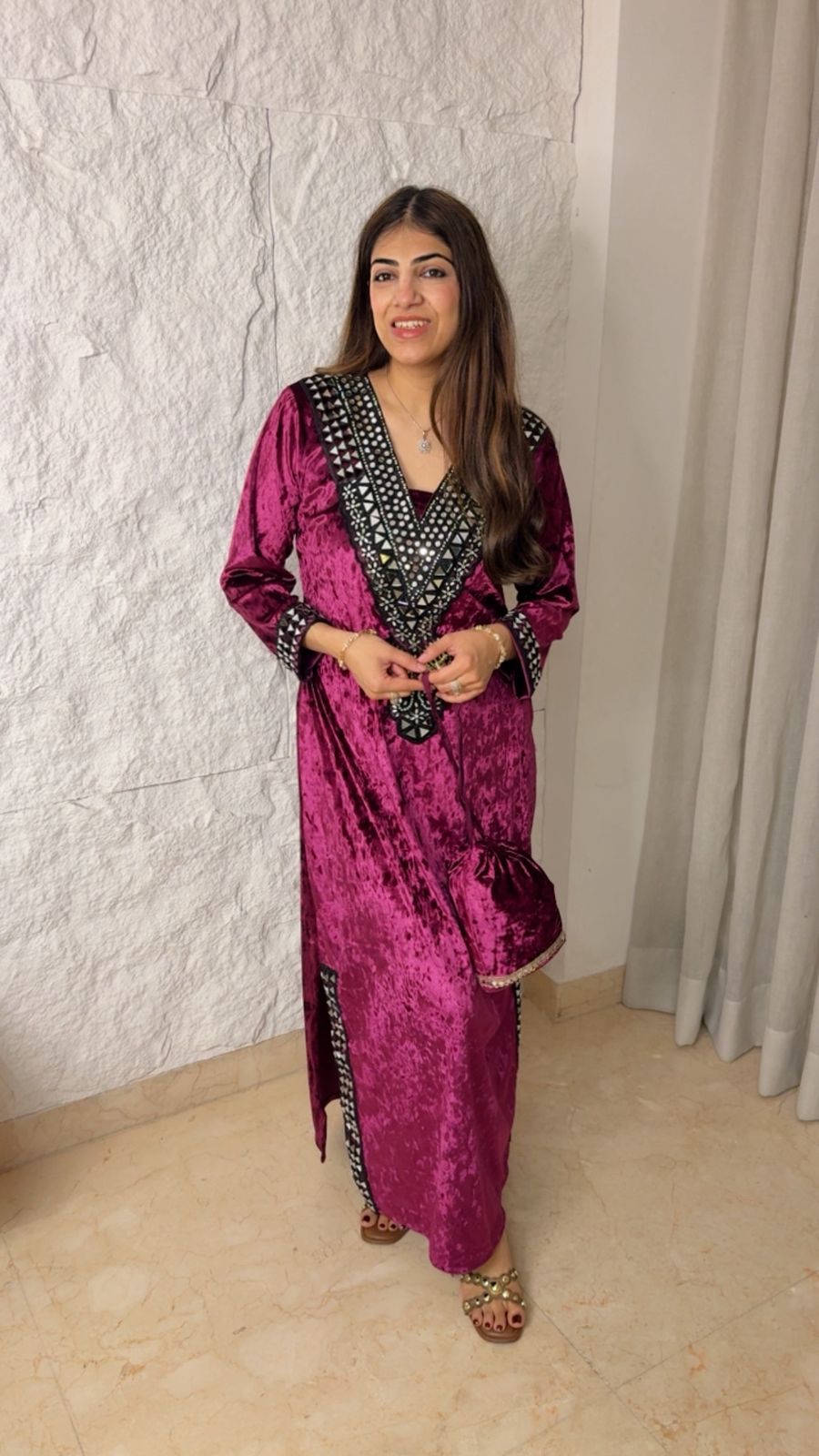 Stretchable velvet slit dress with mirror patch work with potli