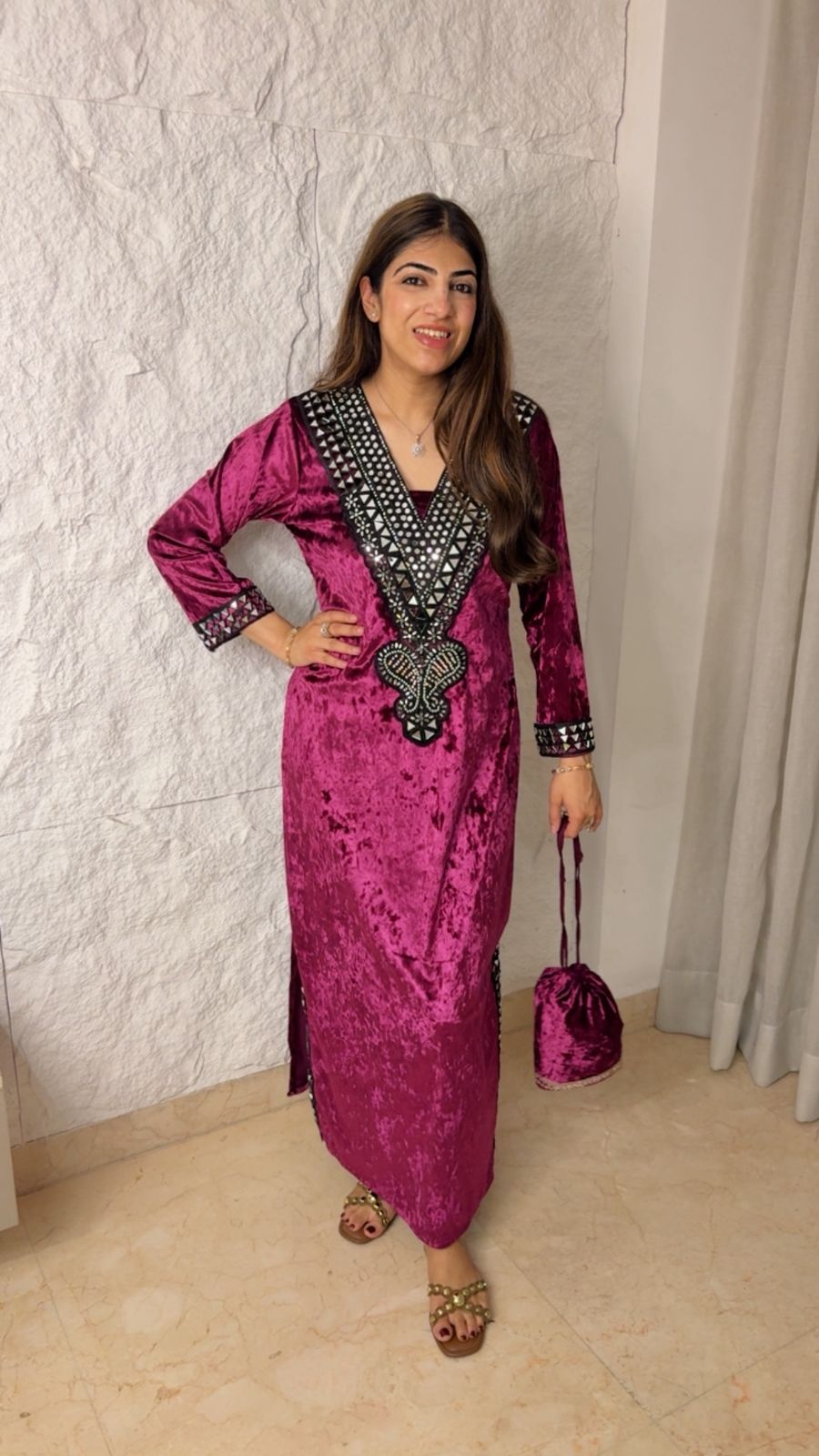 Stretchable velvet slit dress with mirror patch work with potli