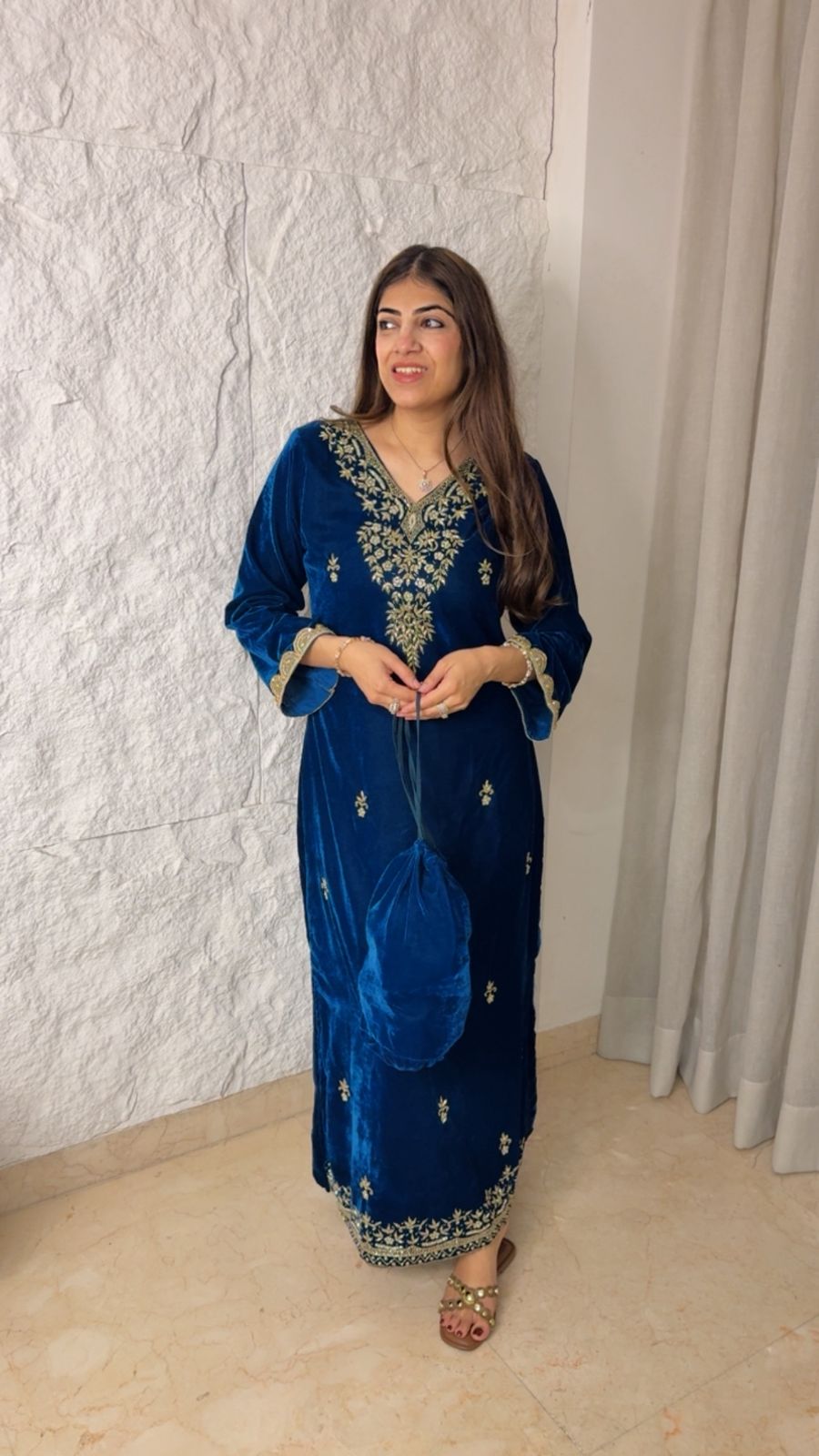 Handwork velvet slit dress with potli bag