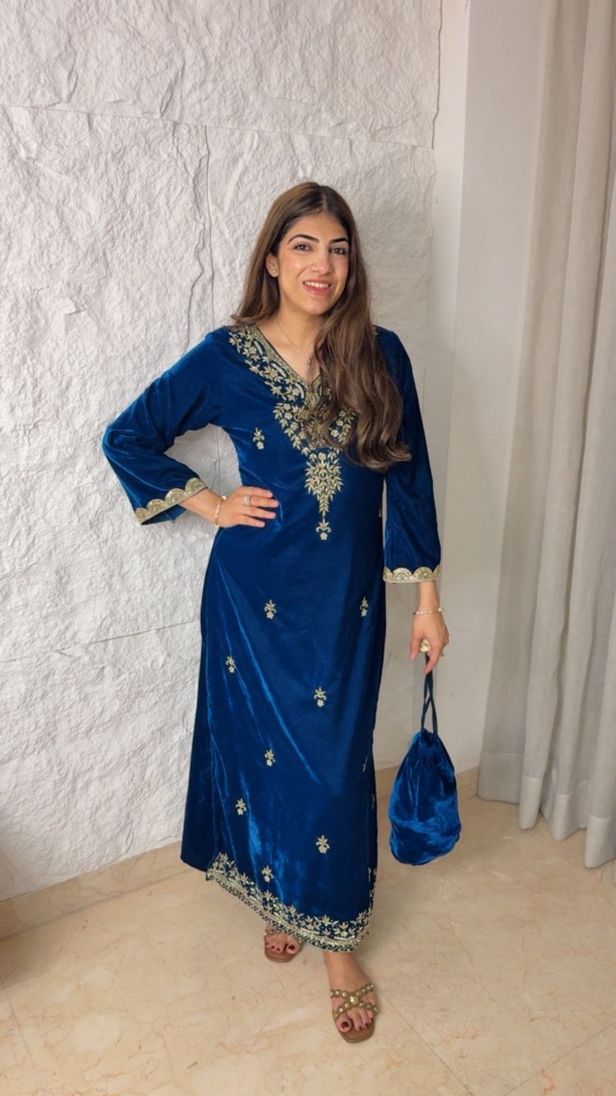 Handwork velvet slit dress with potli bag