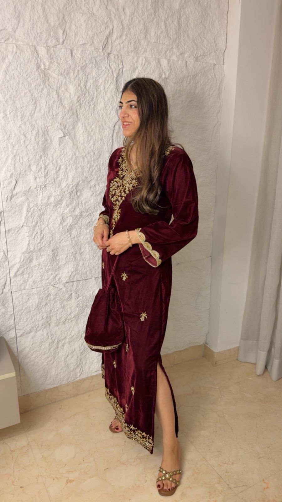 Handwork velvet slit dress with potli bag