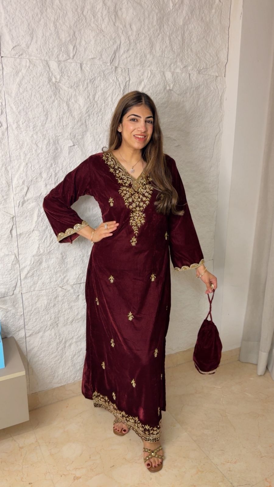 Handwork velvet slit dress with potli bag