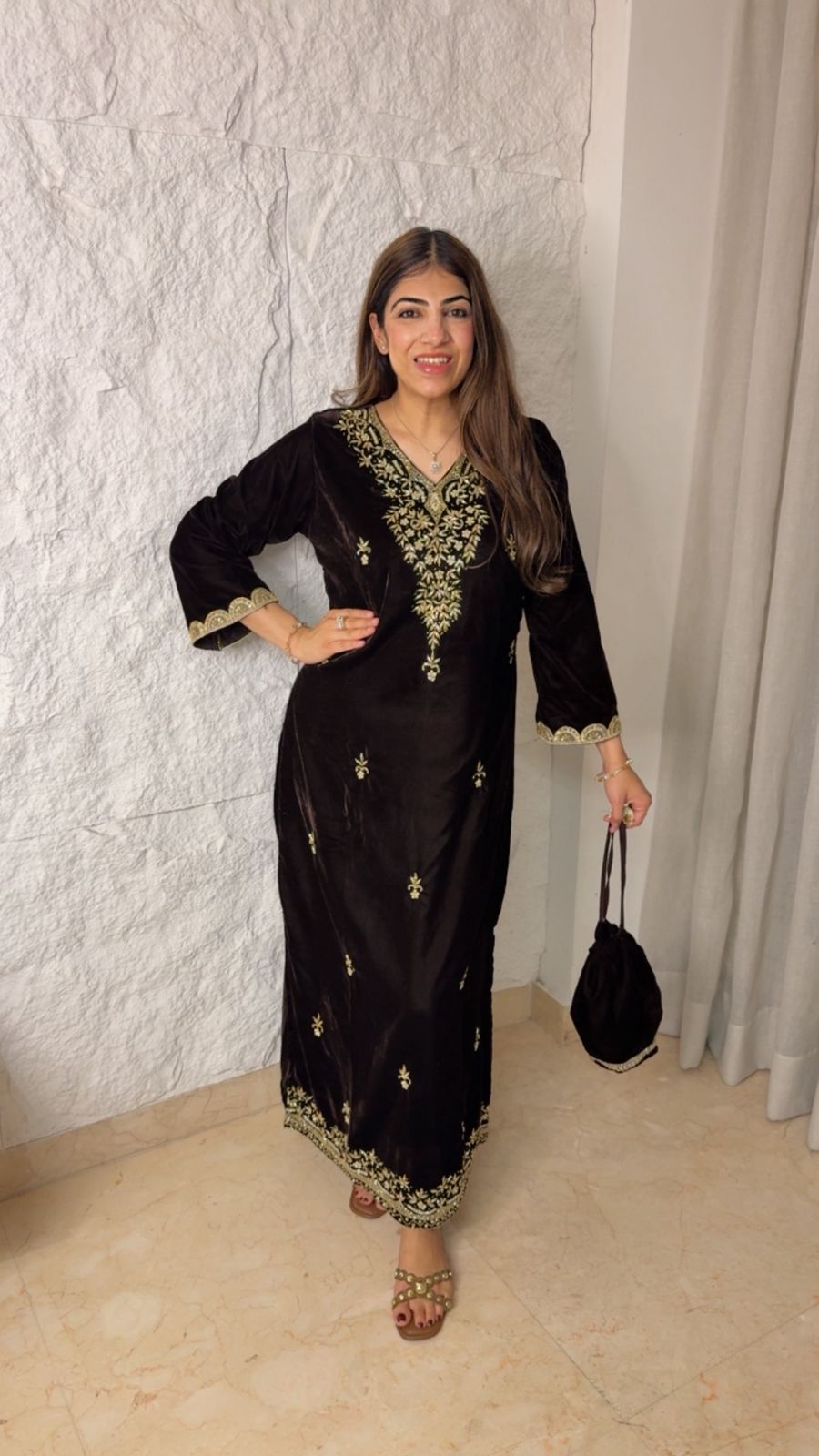 Handwork velvet slit dress with potli bag