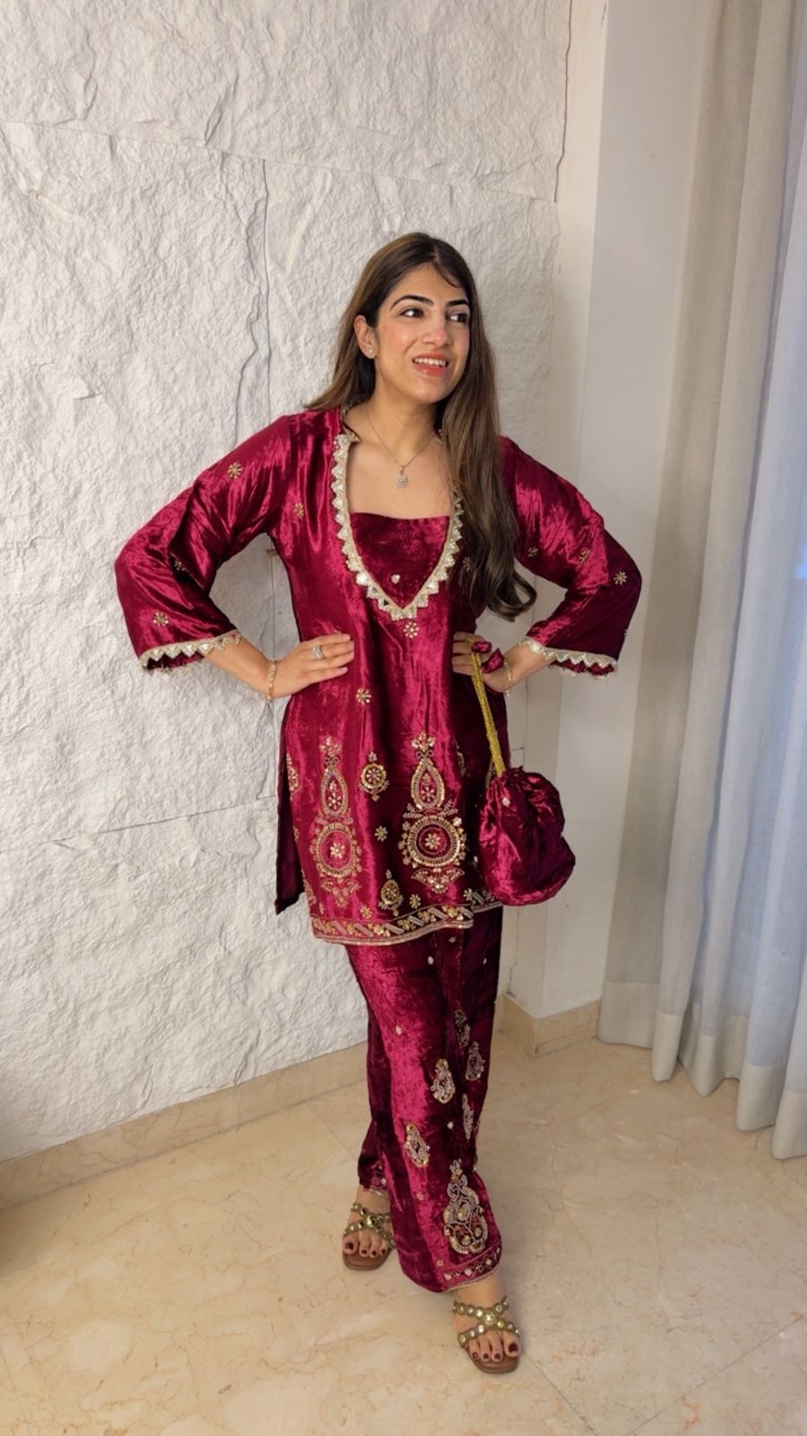 velvet 2 pc set with handwork detailing with potli