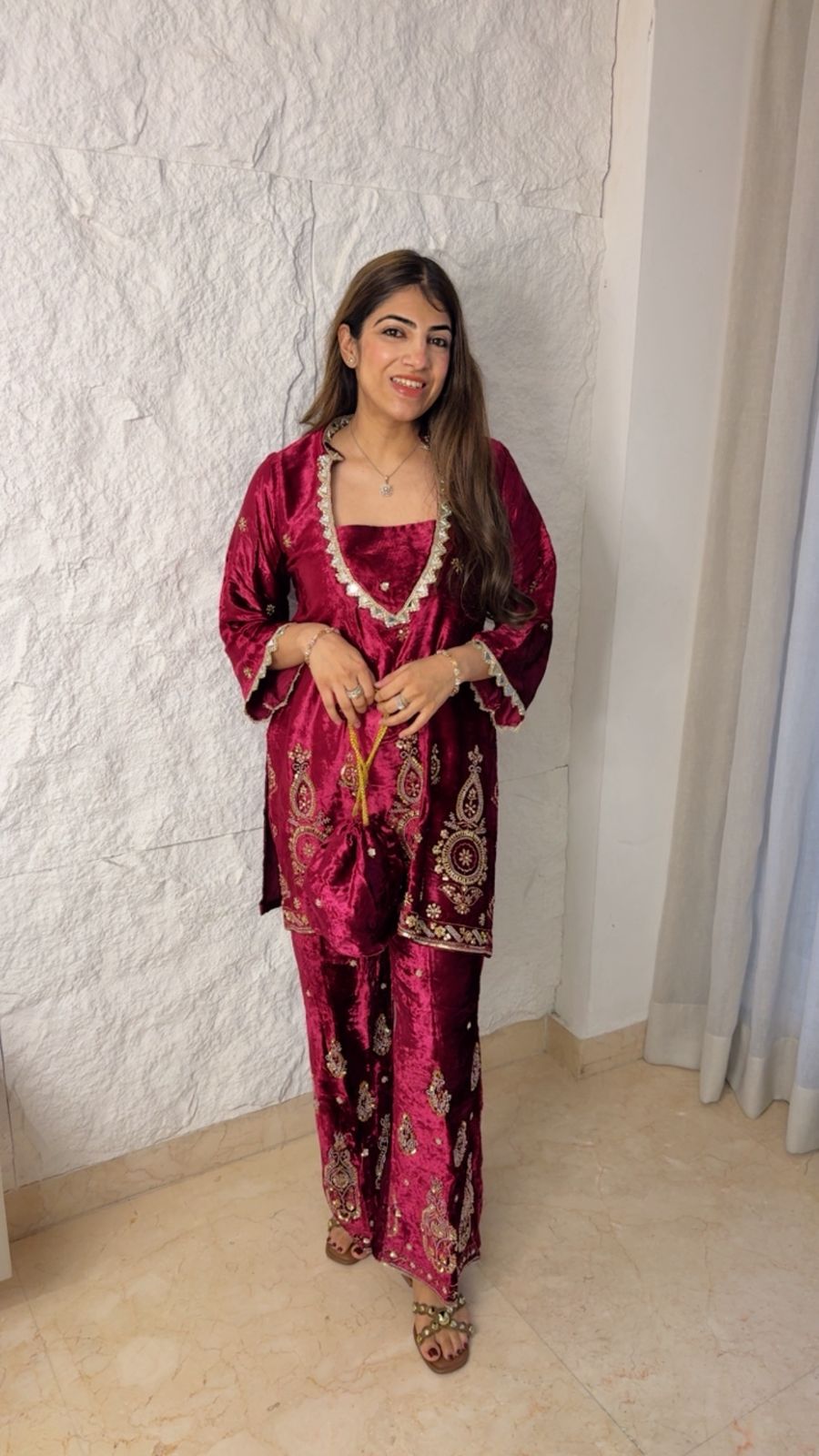 velvet 2 pc set with handwork detailing with potli