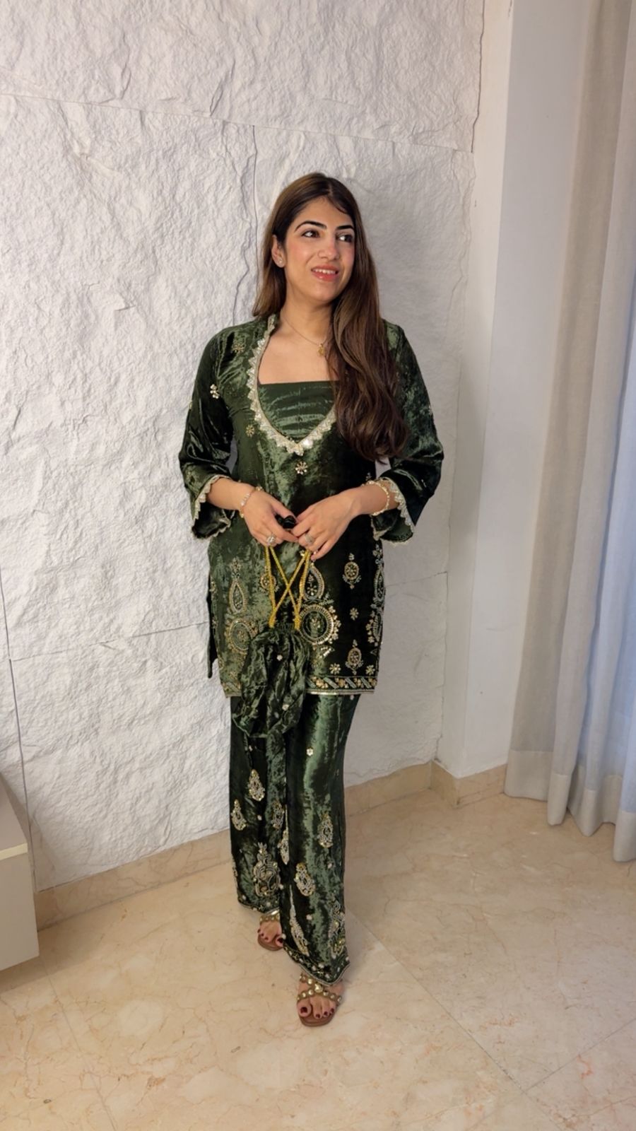 velvet 2 pc set with handwork detailing with potli