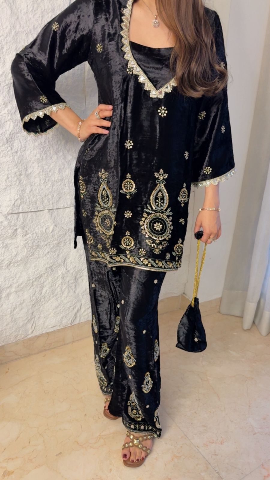 velvet 2 pc set with handwork detailing with potli