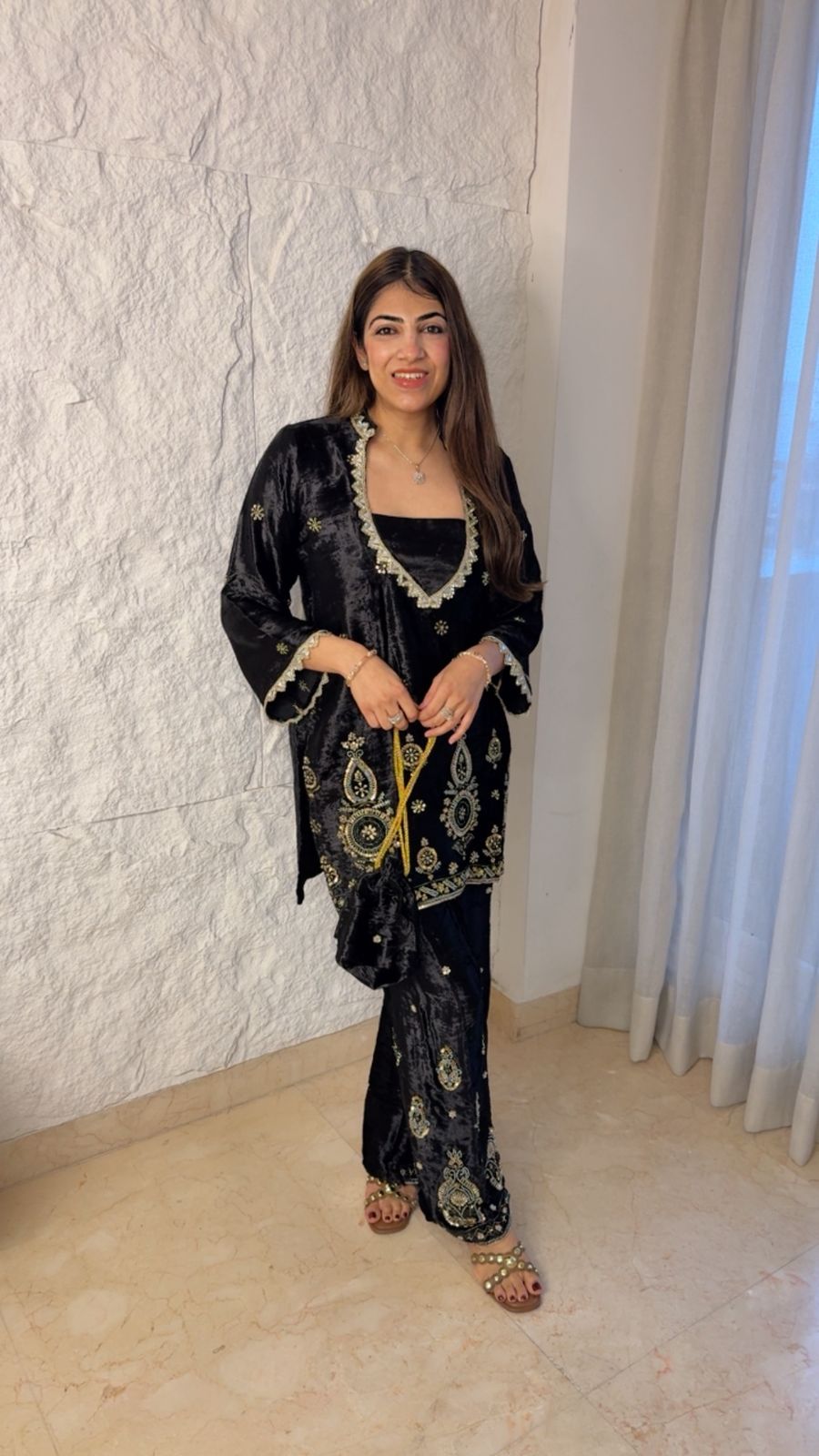 velvet 2 pc set with handwork detailing with potli