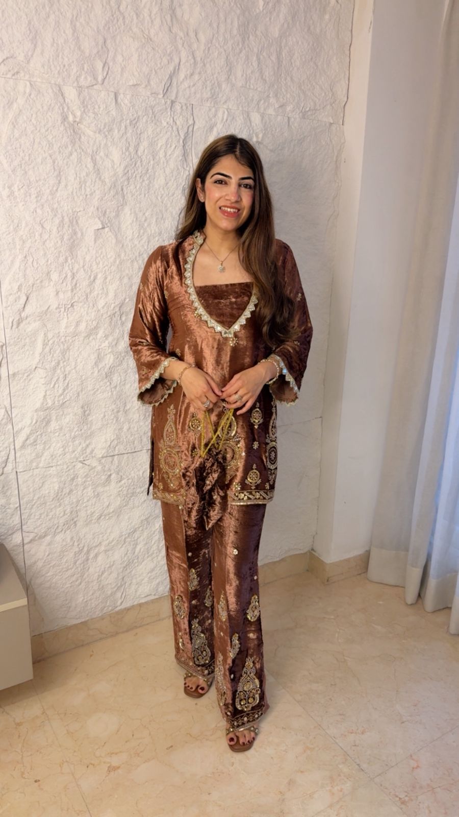 velvet 2 pc set with handwork detailing with potli