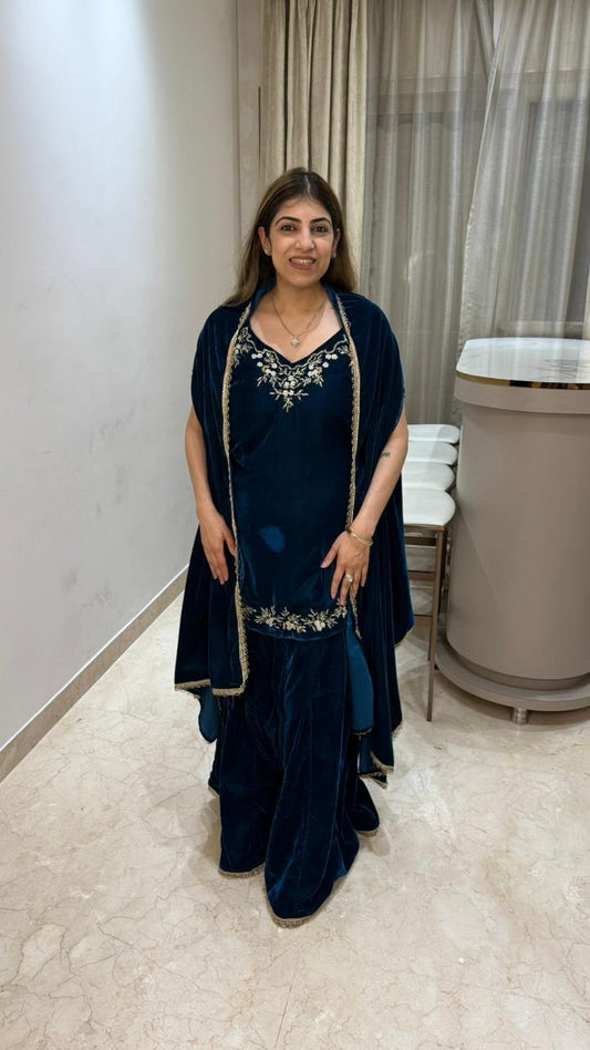 Micro velvet indo- western with handwork with cape Sleeves given