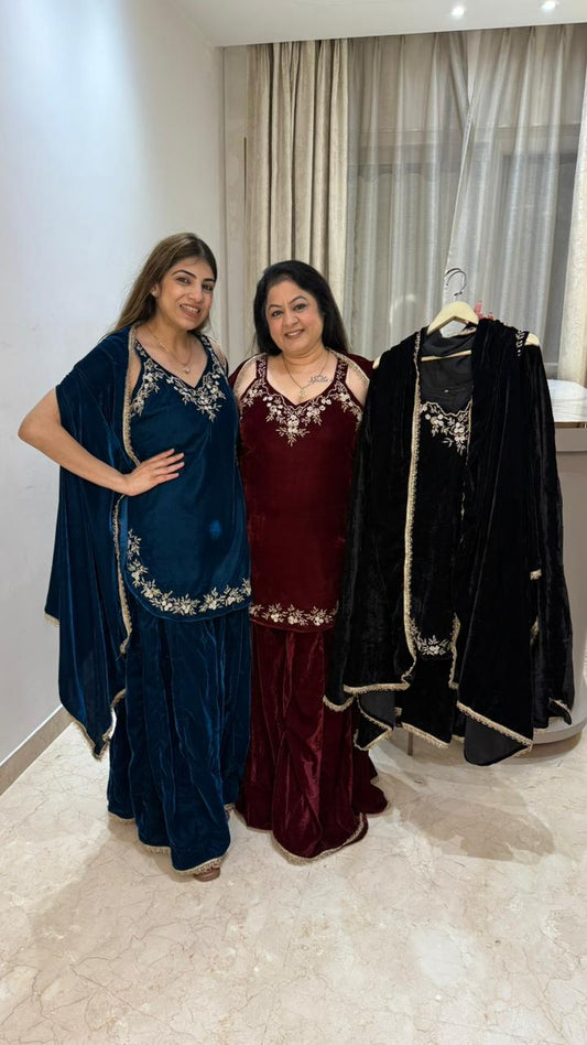 Micro velvet indo- western with handwork with cape Sleeves given