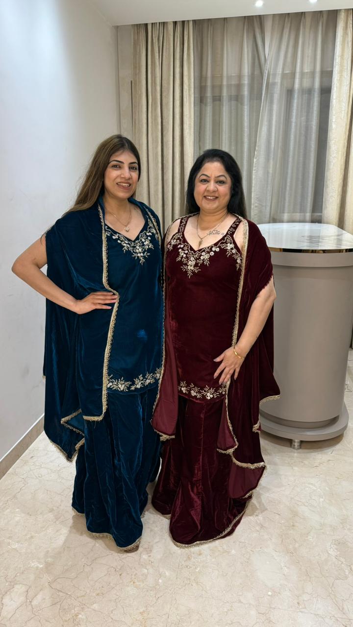 Micro velvet indo- western with handwork with cape Sleeves given