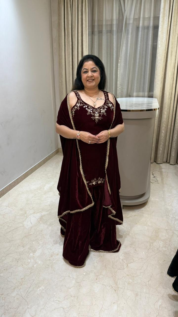 Micro velvet indo- western with handwork with cape Sleeves given