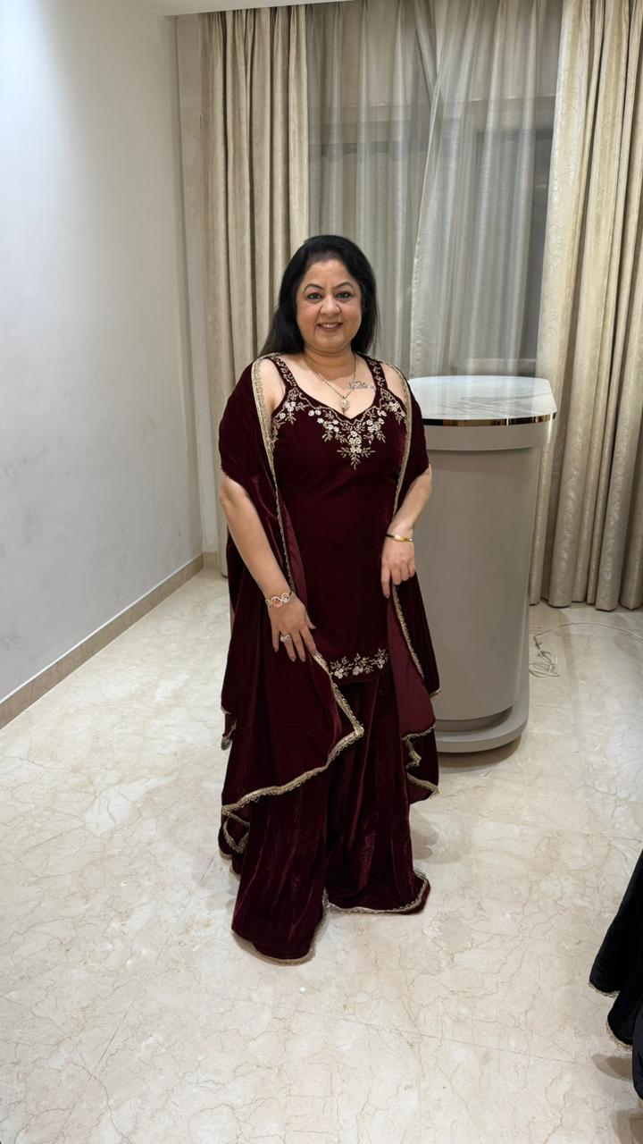 Micro velvet indo- western with handwork with cape Sleeves given