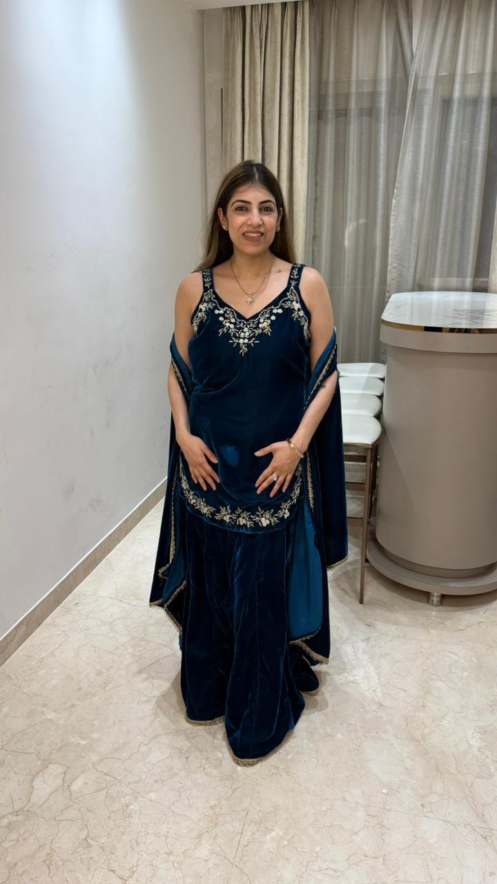 Micro velvet indo- western with handwork with cape Sleeves given