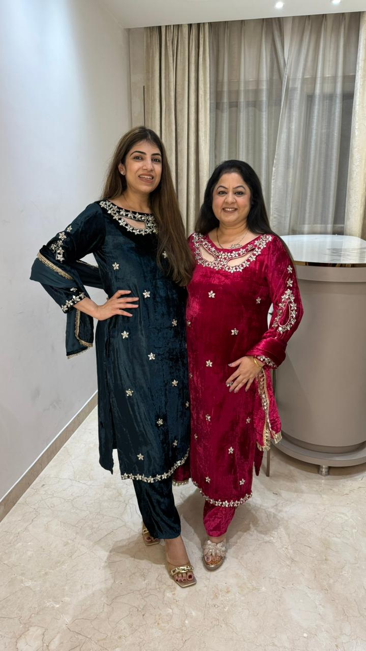 Ice velvet 3 pc suit with stylish neck with mirror handwork on sleeves and neck with velvet dupatta