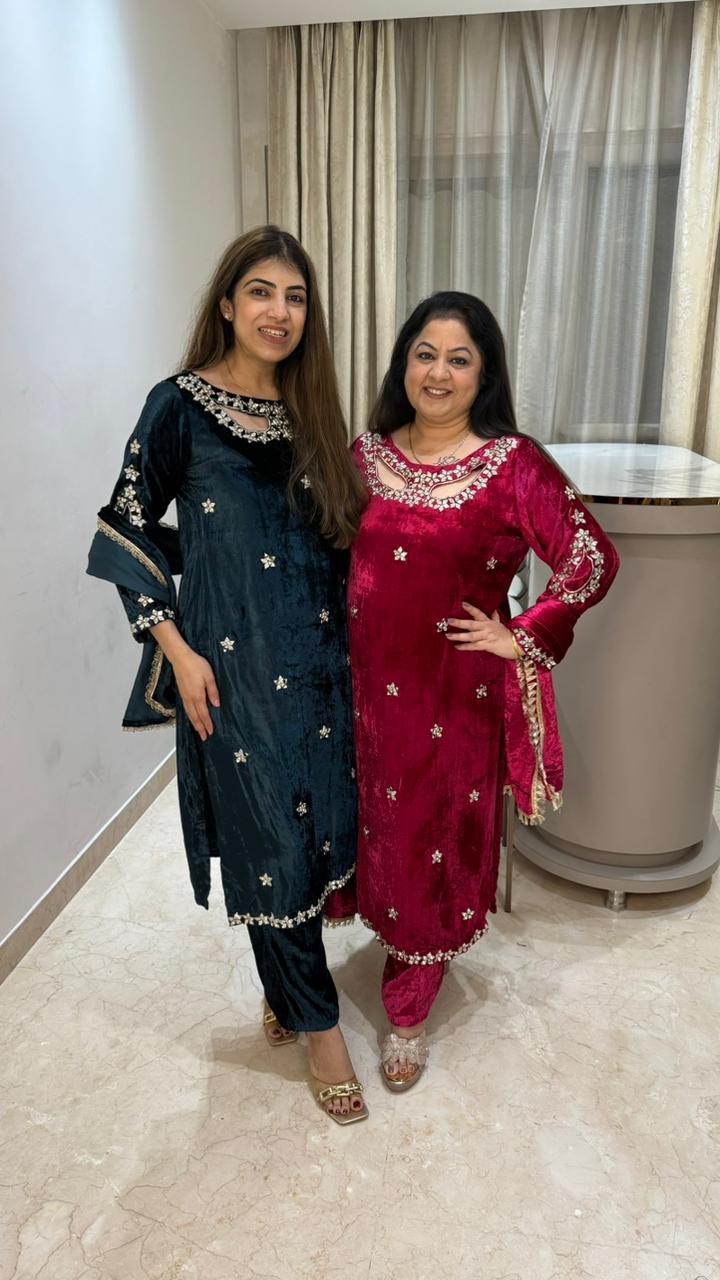 Ice velvet 3 pc suit with stylish neck with mirror handwork on sleeves and neck with velvet dupatta