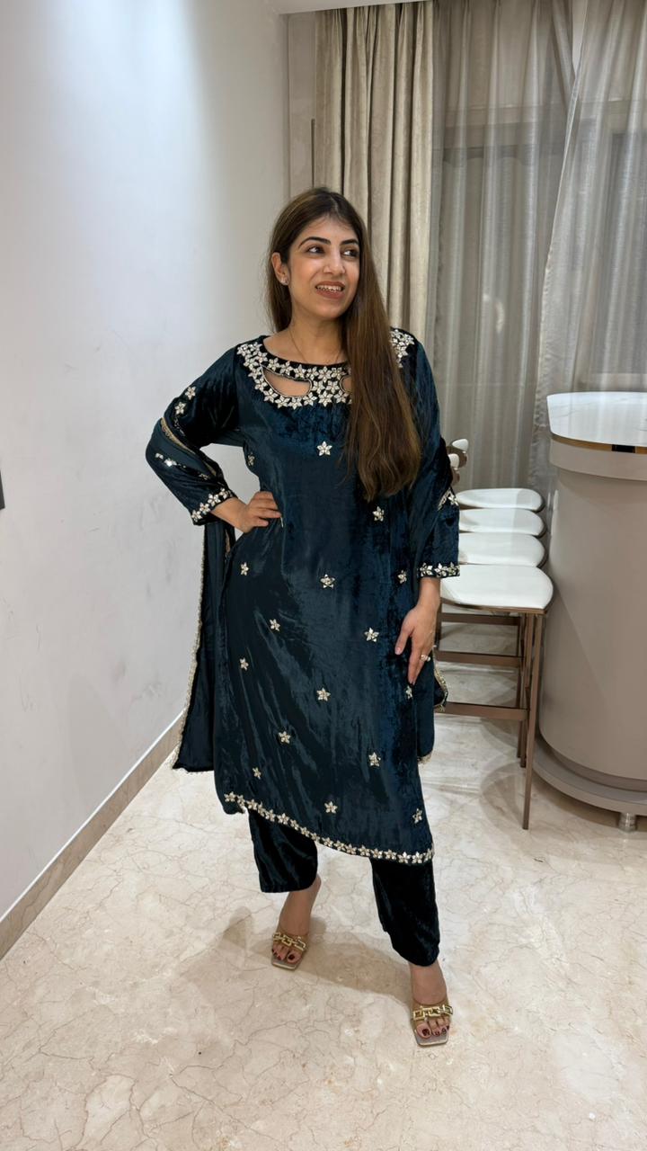 Ice velvet 3 pc suit with stylish neck with mirror handwork on sleeves and neck with velvet dupatta