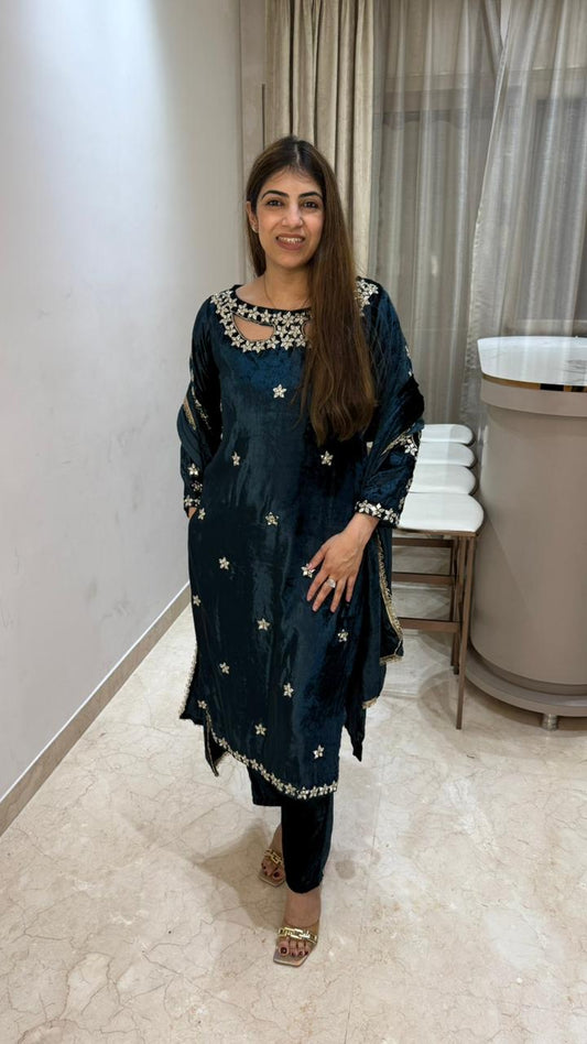 Ice velvet 3 pc suit with stylish neck with mirror handwork on sleeves and neck with velvet dupatta