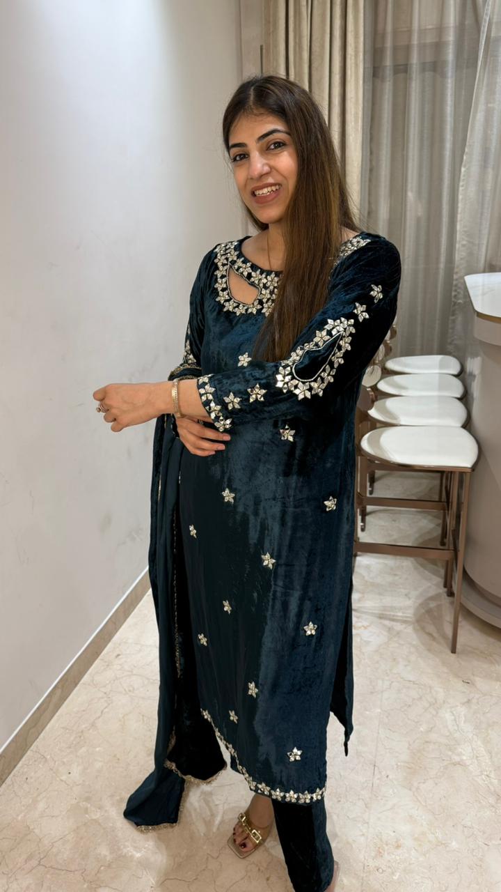 Ice velvet 3 pc suit with stylish neck with mirror handwork on sleeves and neck with velvet dupatta