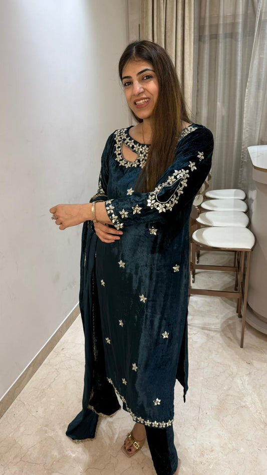 Ice velvet 3 pc suit with stylish neck with mirror handwork on sleeves and neck with velvet dupatta