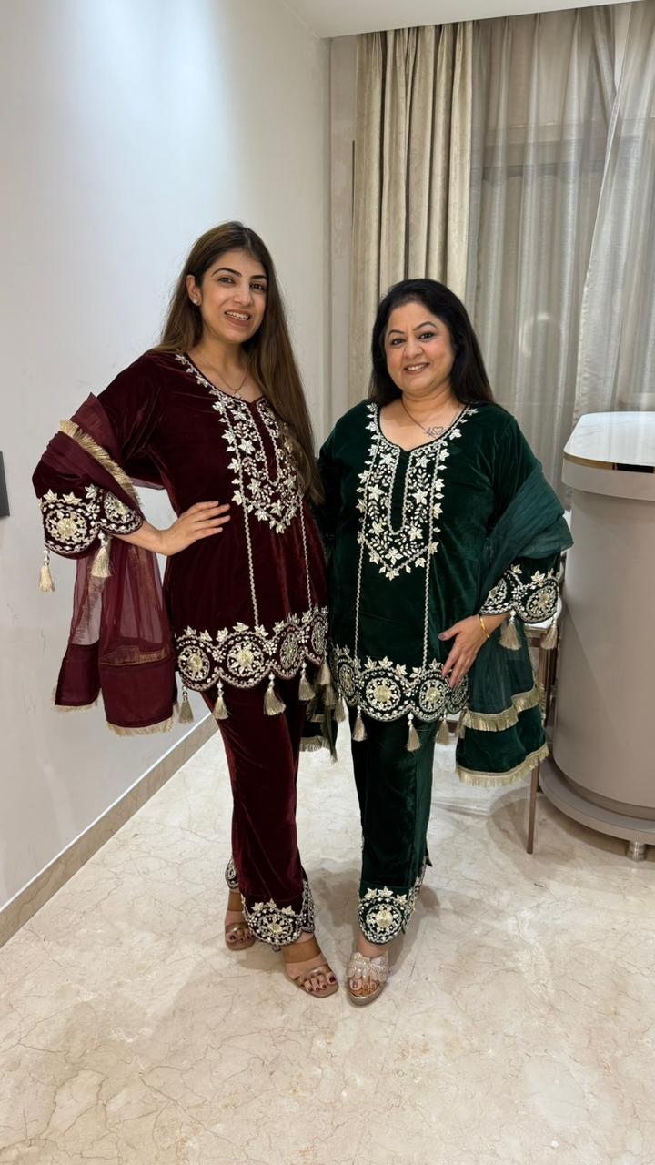 3 pc velvet suit with gota work with organza dupatta